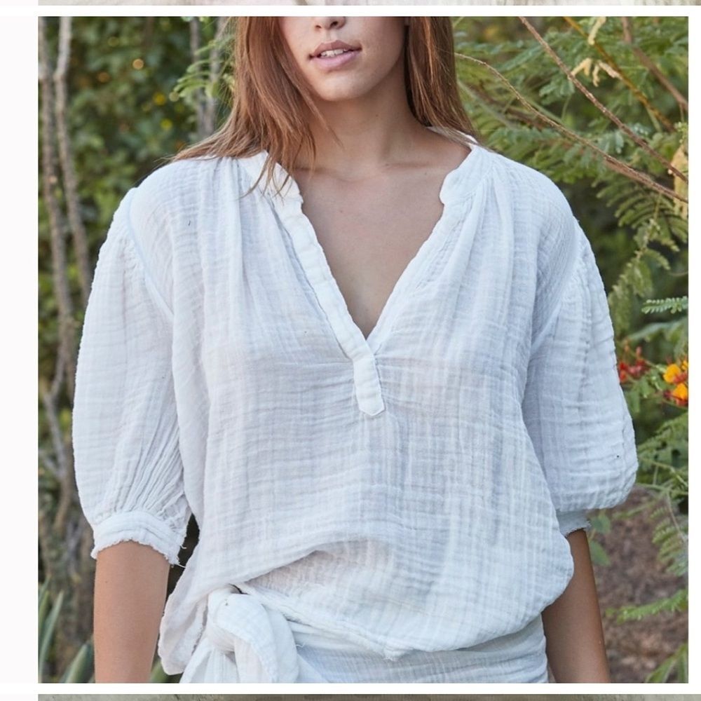 9seed Resort Biarritz Puff Sleeve White Top Crinkle Gauze Cotton Beach Gypsy L
